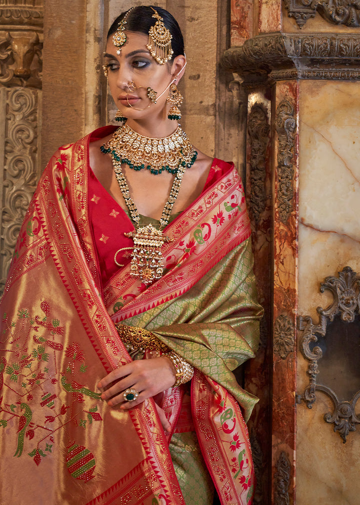 Pastel Green Paithani Banarasi Silk Saree with Intricate Jacquard Weave and Stone Accents