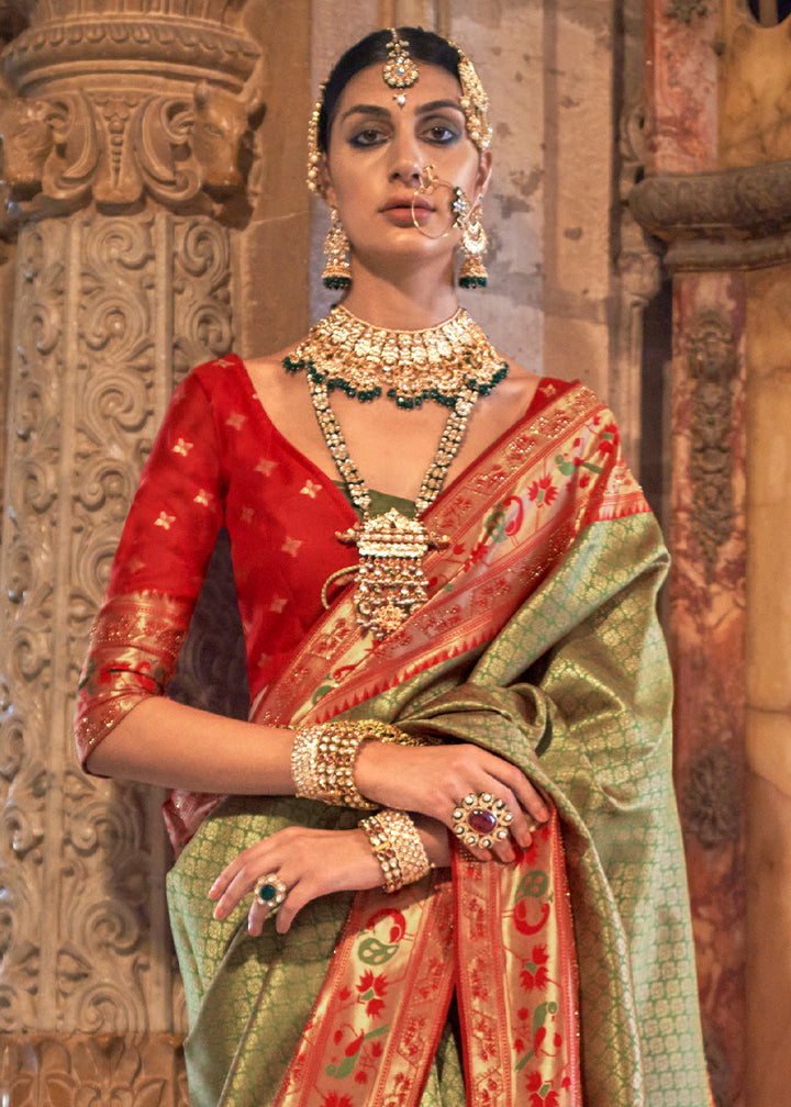 Pastel Green Paithani Banarasi Silk Saree with Intricate Jacquard Weave and Stone Accents