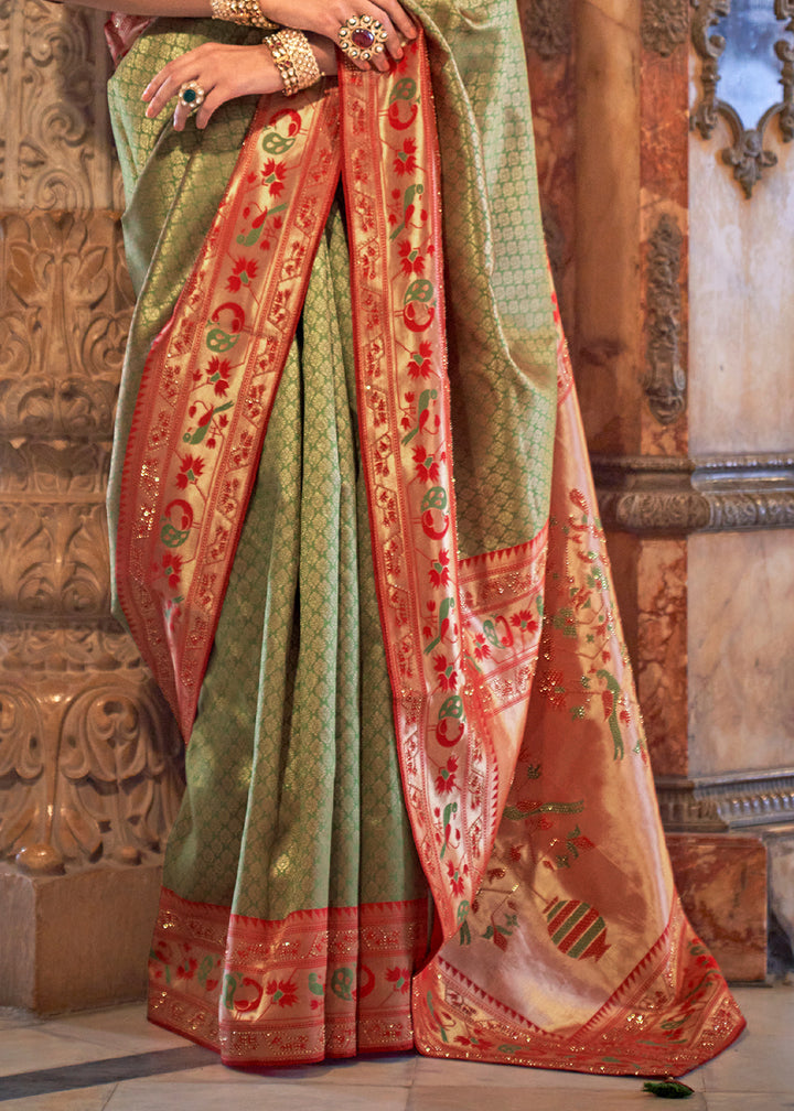 Pastel Green Paithani Banarasi Silk Saree with Intricate Jacquard Weave and Stone Accents