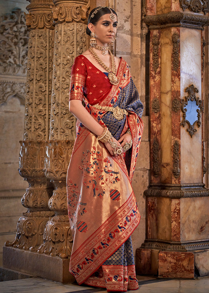 Navy Blue Paithani Banarasi Silk Saree with Intricate Jacquard Weave and Stone Accents