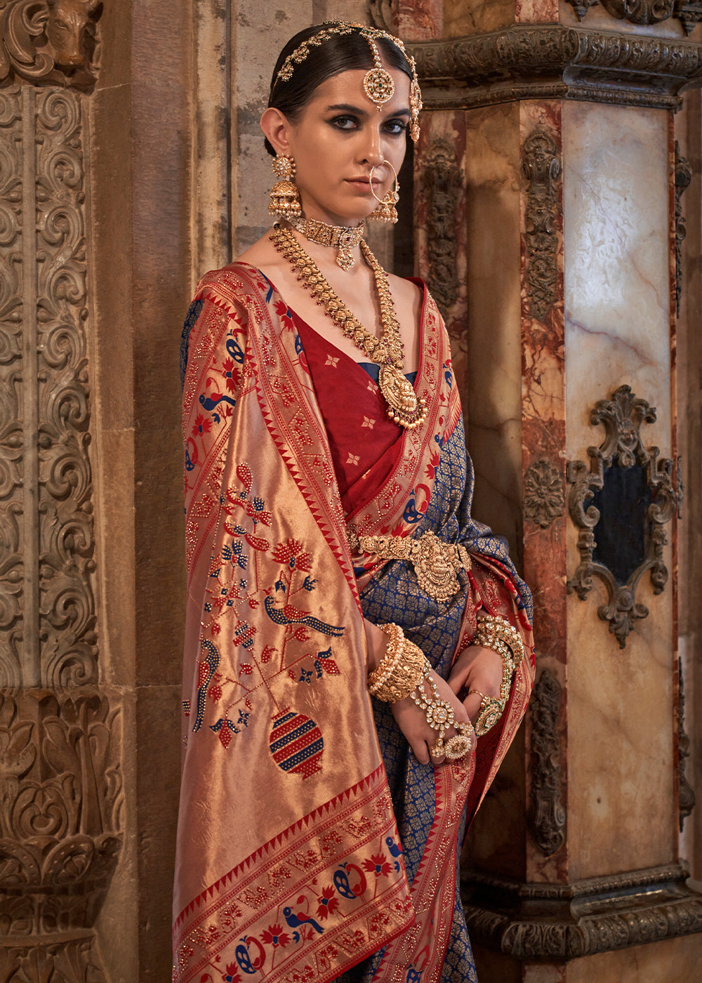 Navy Blue Paithani Banarasi Silk Saree with Intricate Jacquard Weave and Stone Accents