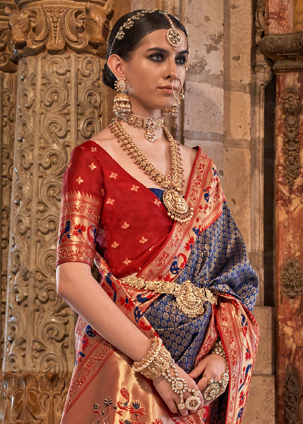 Navy Blue Paithani Banarasi Silk Saree with Intricate Jacquard Weave and Stone Accents