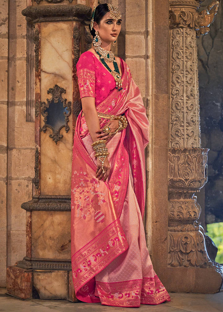 Shades Of Pink Paithani Banarasi Silk Saree with Intricate Jacquard Weave and Stone Accents