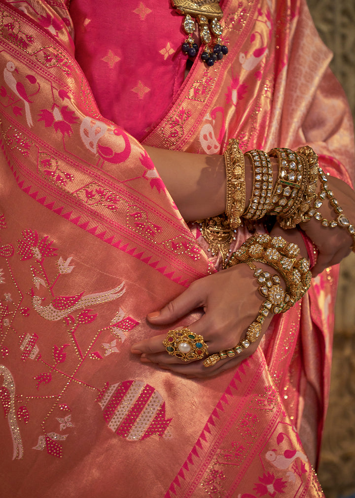 Shades Of Pink Paithani Banarasi Silk Saree with Intricate Jacquard Weave and Stone Accents