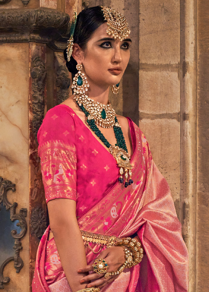 Shades Of Pink Paithani Banarasi Silk Saree with Intricate Jacquard Weave and Stone Accents