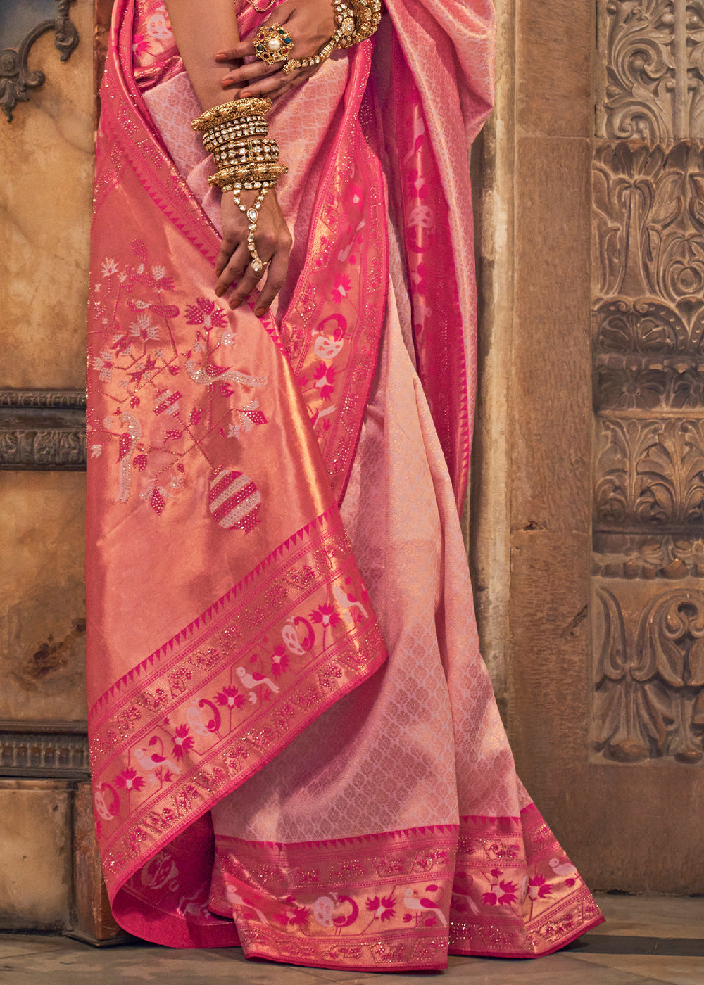 Shades Of Pink Paithani Banarasi Silk Saree with Intricate Jacquard Weave and Stone Accents