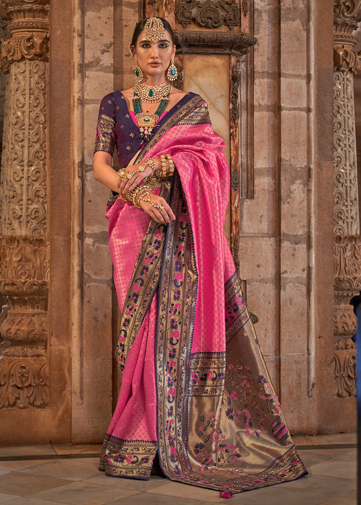 Shocking Pink Paithani Banarasi Silk Saree with Intricate Jacquard Weave and Stone Accents