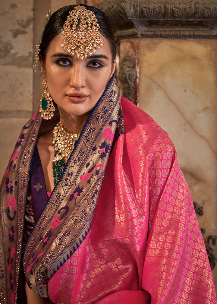 Shocking Pink Paithani Banarasi Silk Saree with Intricate Jacquard Weave and Stone Accents