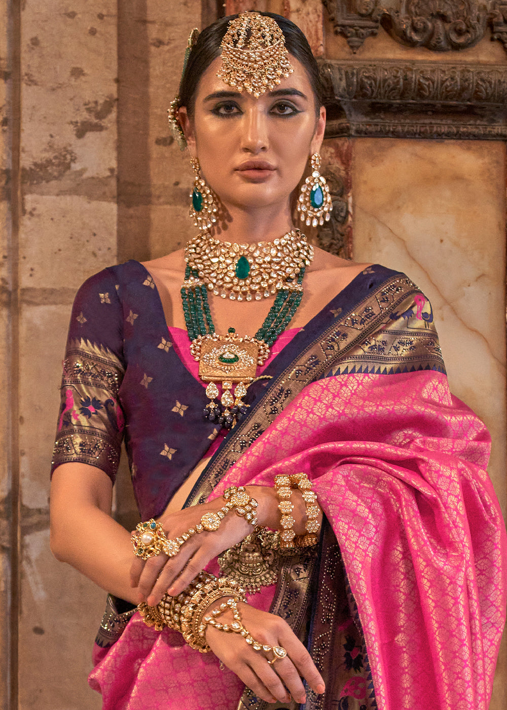 Shocking Pink Paithani Banarasi Silk Saree with Intricate Jacquard Weave and Stone Accents