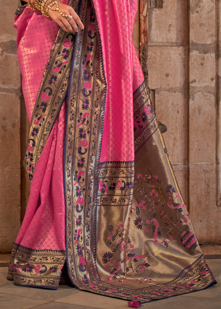 Shocking Pink Paithani Banarasi Silk Saree with Intricate Jacquard Weave and Stone Accents