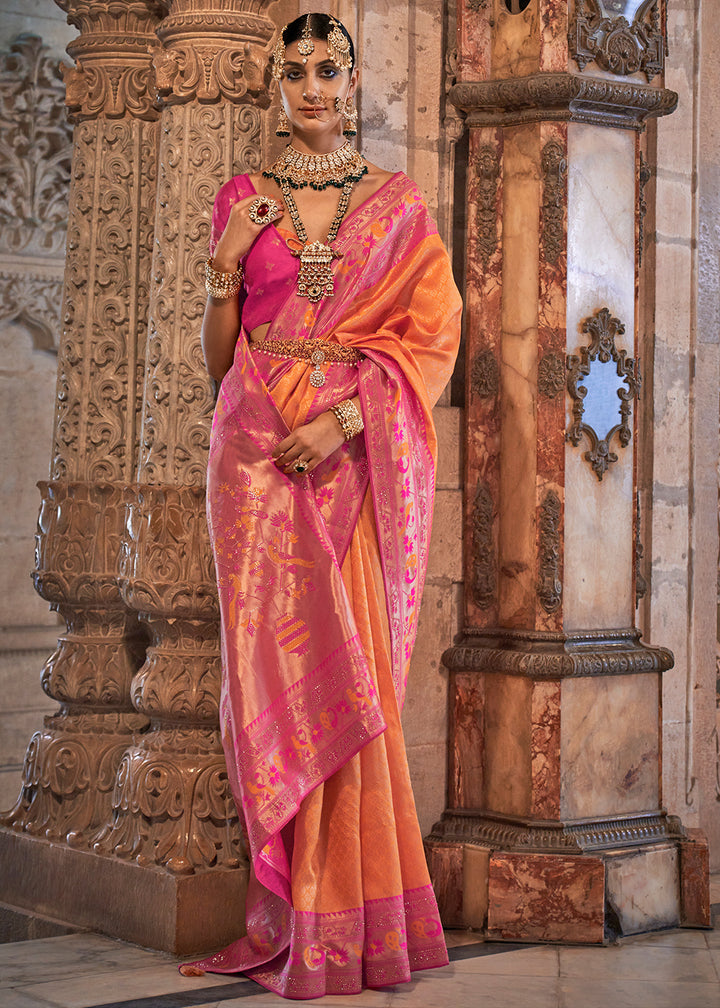 Orange & Pink Paithani Banarasi Silk Saree with Intricate Jacquard Weave and Stone Accents