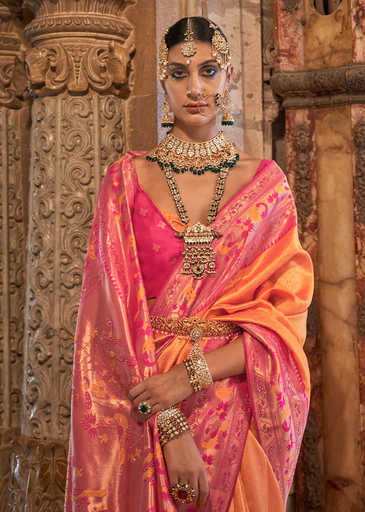 Orange & Pink Paithani Banarasi Silk Saree with Intricate Jacquard Weave and Stone Accents