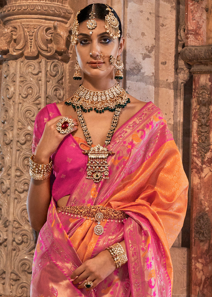 Orange & Pink Paithani Banarasi Silk Saree with Intricate Jacquard Weave and Stone Accents