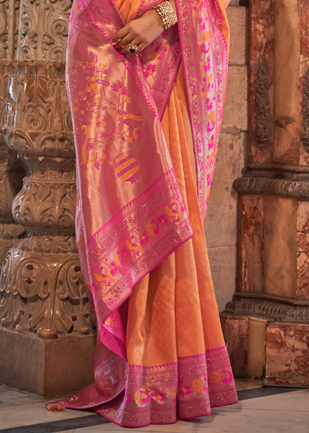 Orange & Pink Paithani Banarasi Silk Saree with Intricate Jacquard Weave and Stone Accents