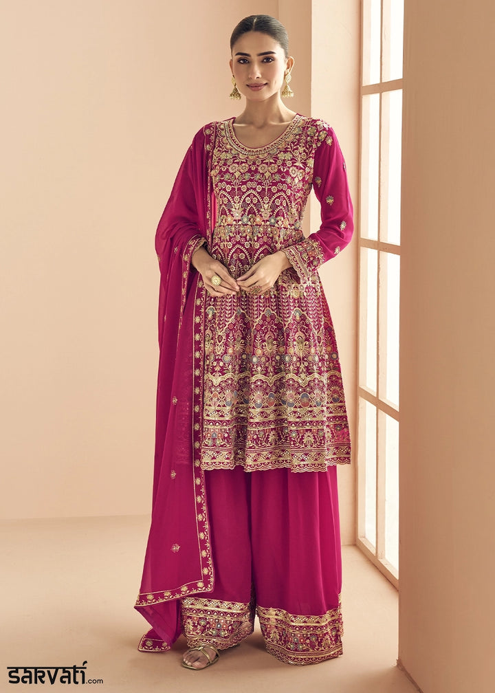 Magenta Pink Georgette Palazzo Suit with Exquisite Embroidery