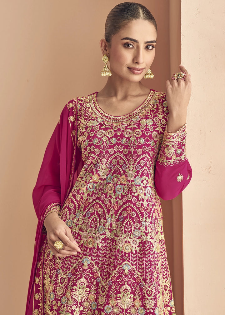 Magenta Pink Georgette Palazzo Suit with Exquisite Embroidery
