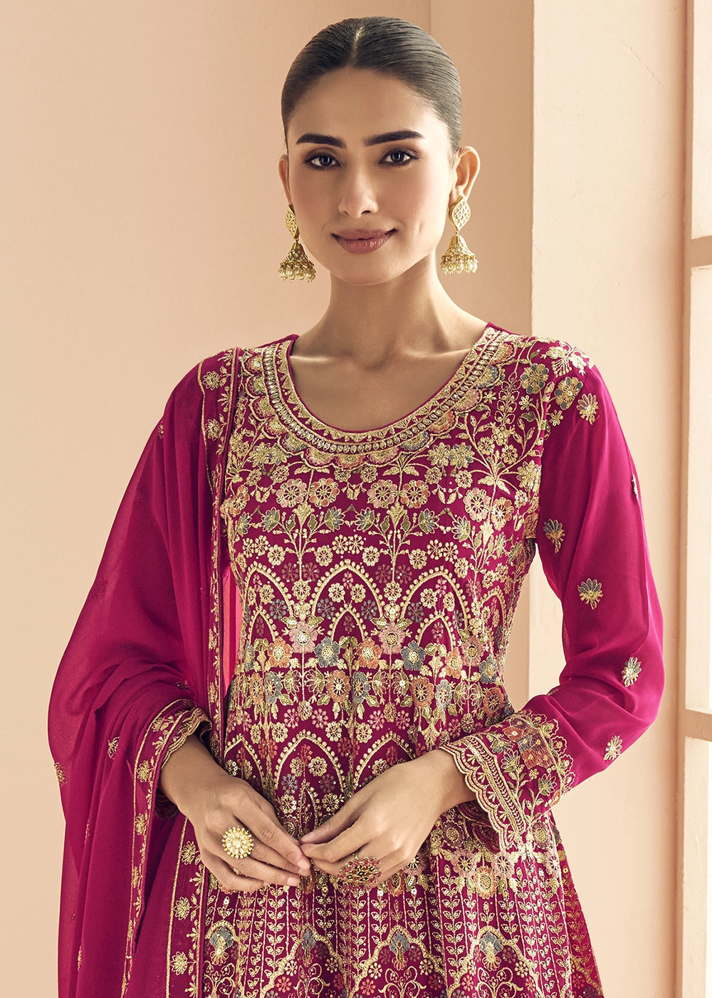 Magenta Pink Georgette Palazzo Suit with Exquisite Embroidery