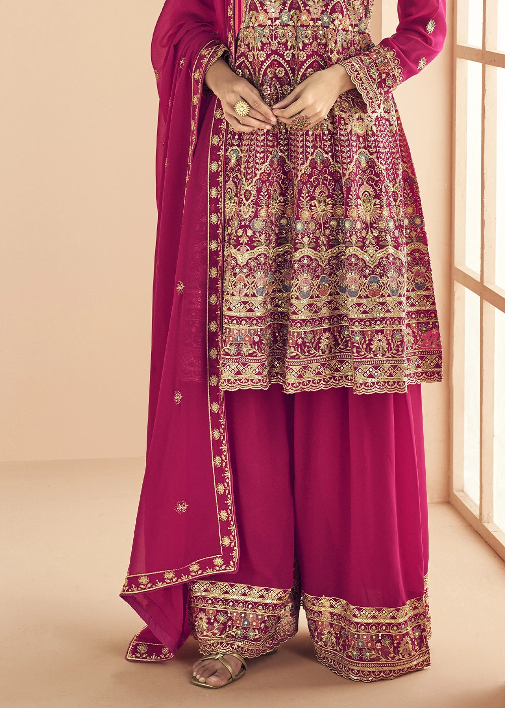 Magenta Pink Georgette Palazzo Suit with Exquisite Embroidery