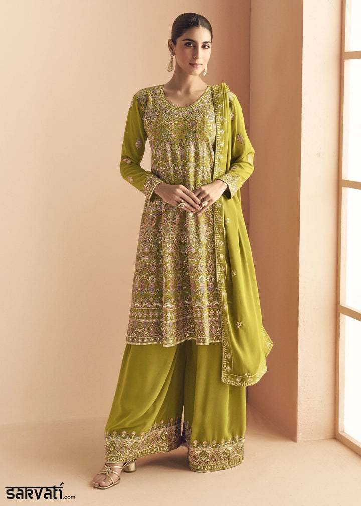 Avocado Green Georgette Palazzo Suit with Exquisite Embroidery