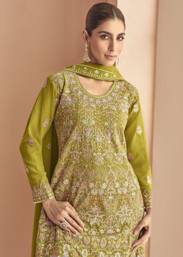 Avocado Green Georgette Palazzo Suit with Exquisite Embroidery