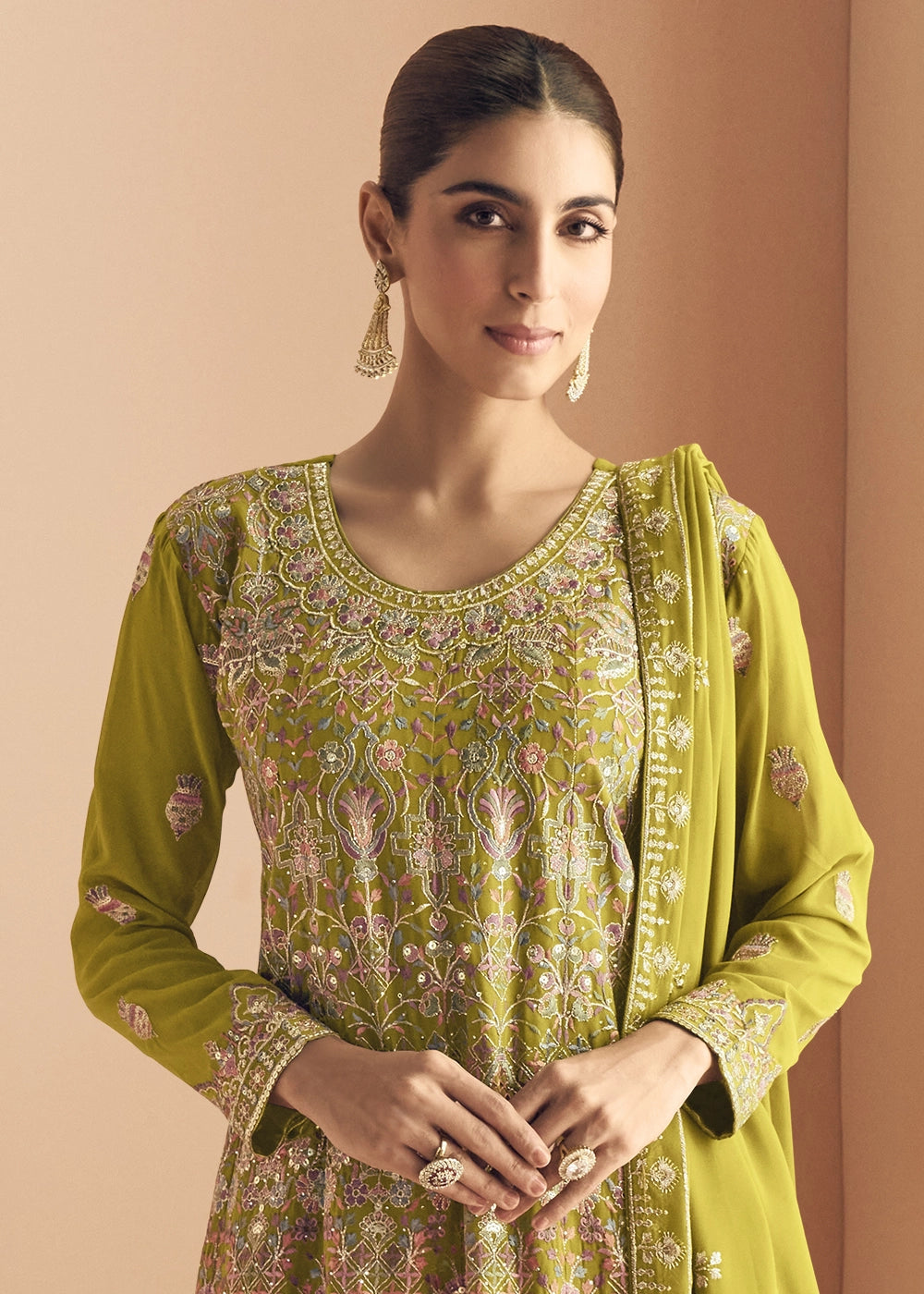 Avocado Green Georgette Palazzo Suit with Exquisite Embroidery