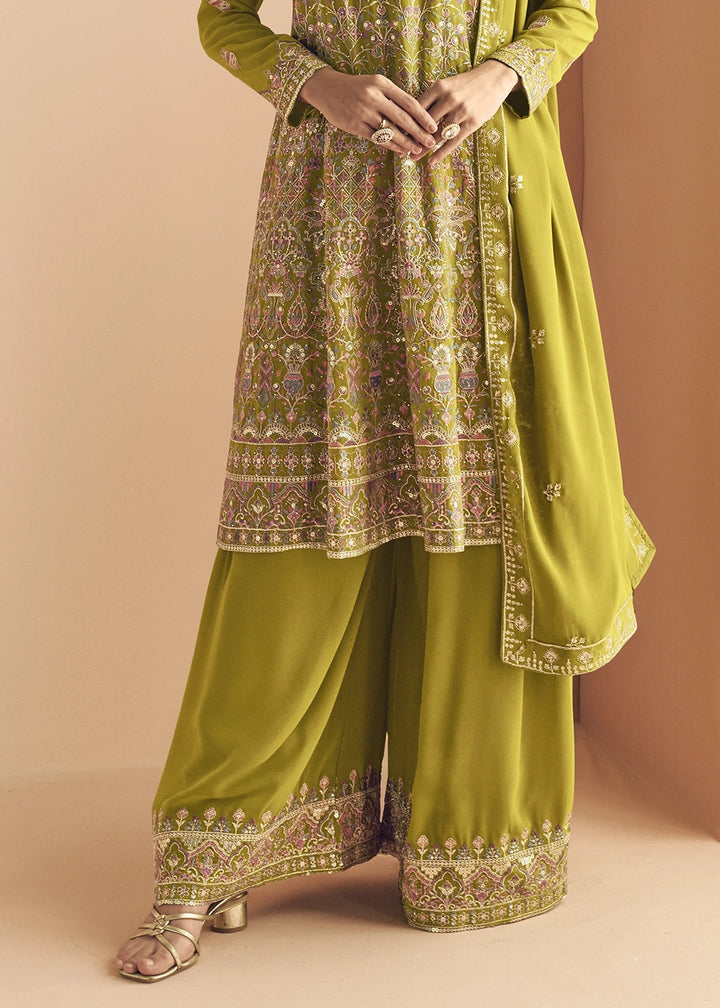 Avocado Green Georgette Palazzo Suit with Exquisite Embroidery