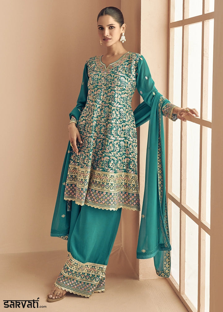 Iris Blue Georgette Palazzo Suit with Exquisite Embroidery