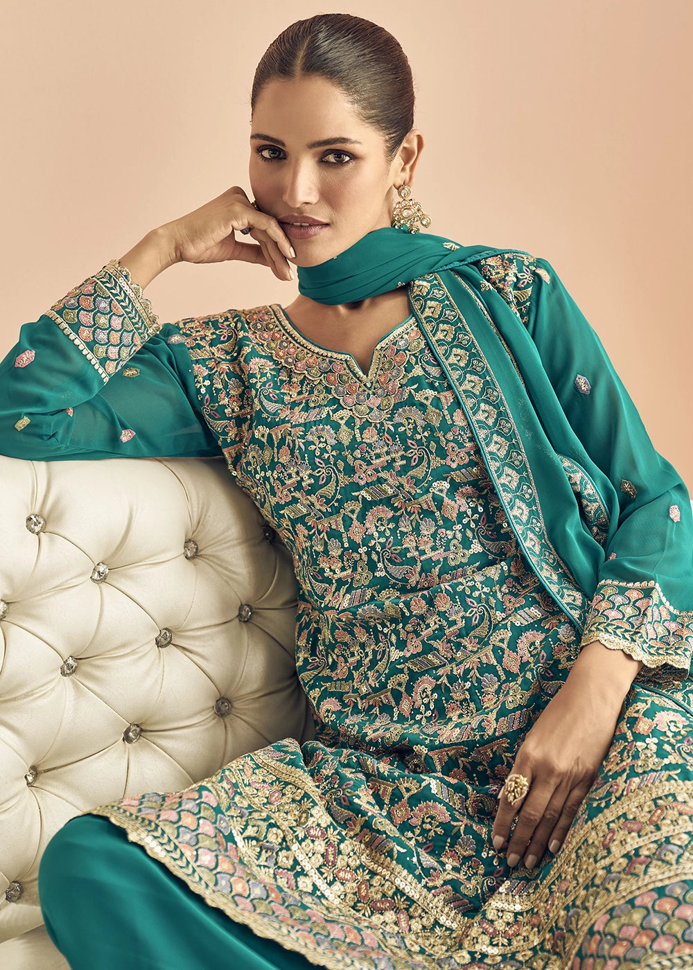 Iris Blue Georgette Palazzo Suit with Exquisite Embroidery