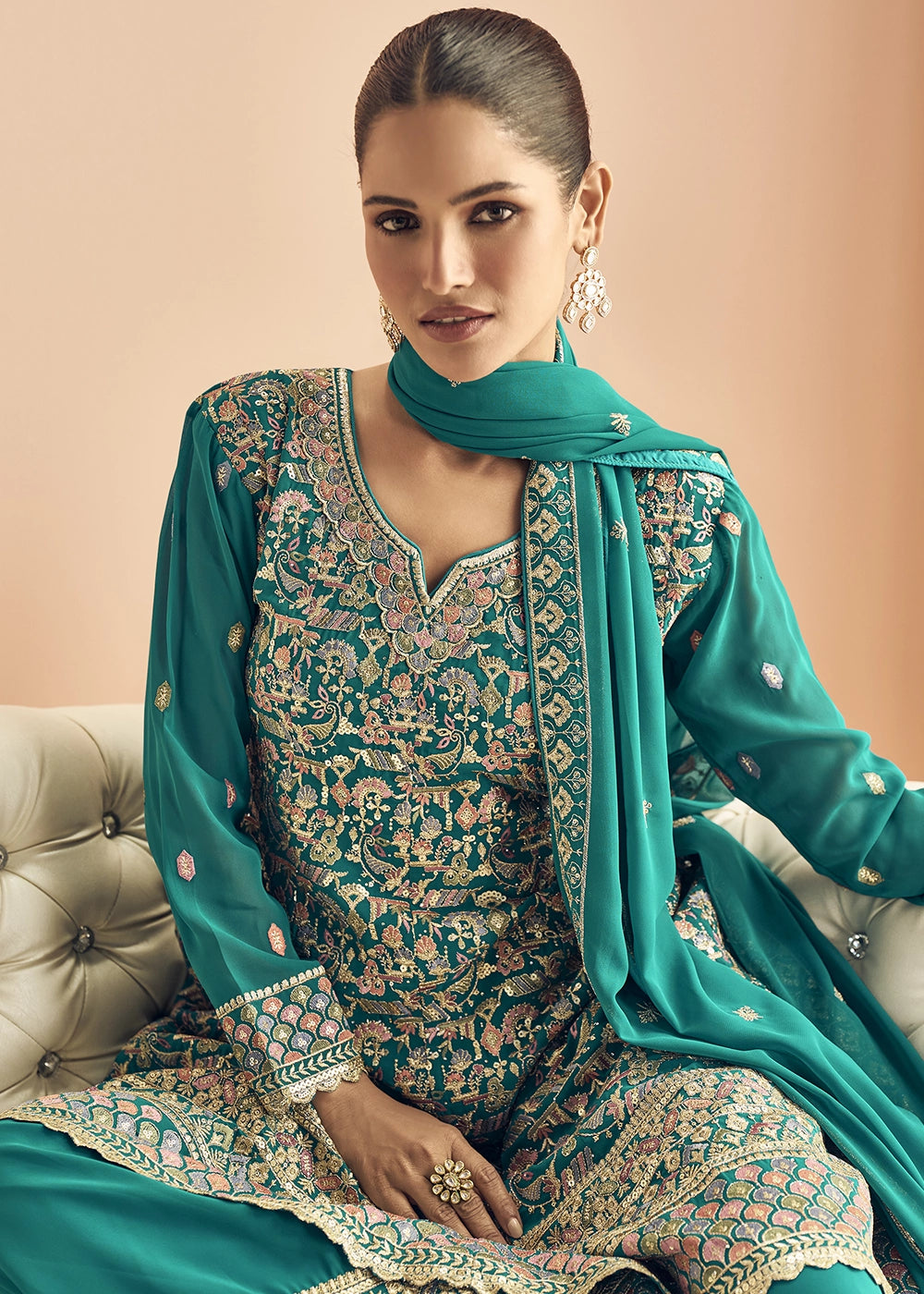 Iris Blue Georgette Palazzo Suit with Exquisite Embroidery