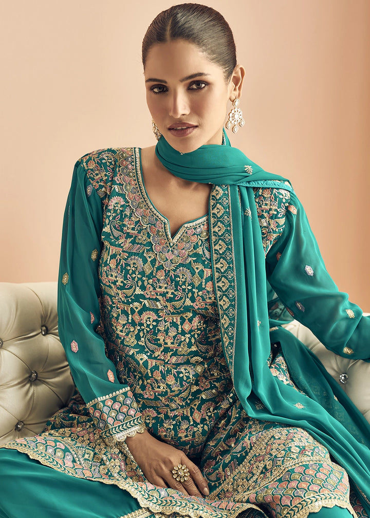 Iris Blue Georgette Palazzo Suit with Exquisite Embroidery