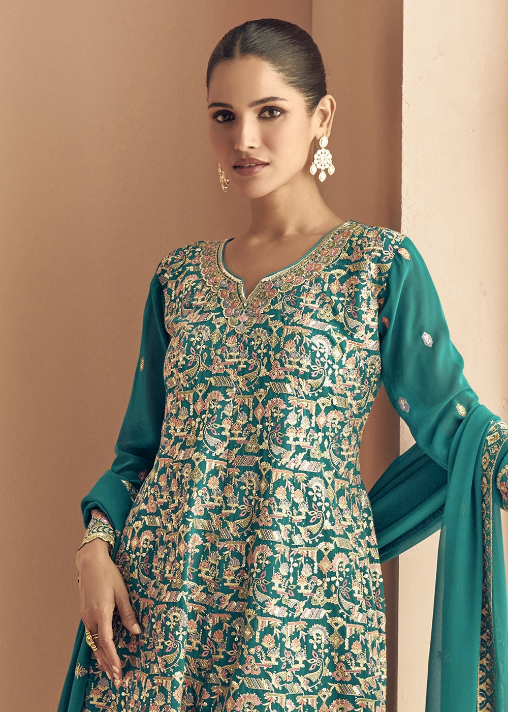 Iris Blue Georgette Palazzo Suit with Exquisite Embroidery