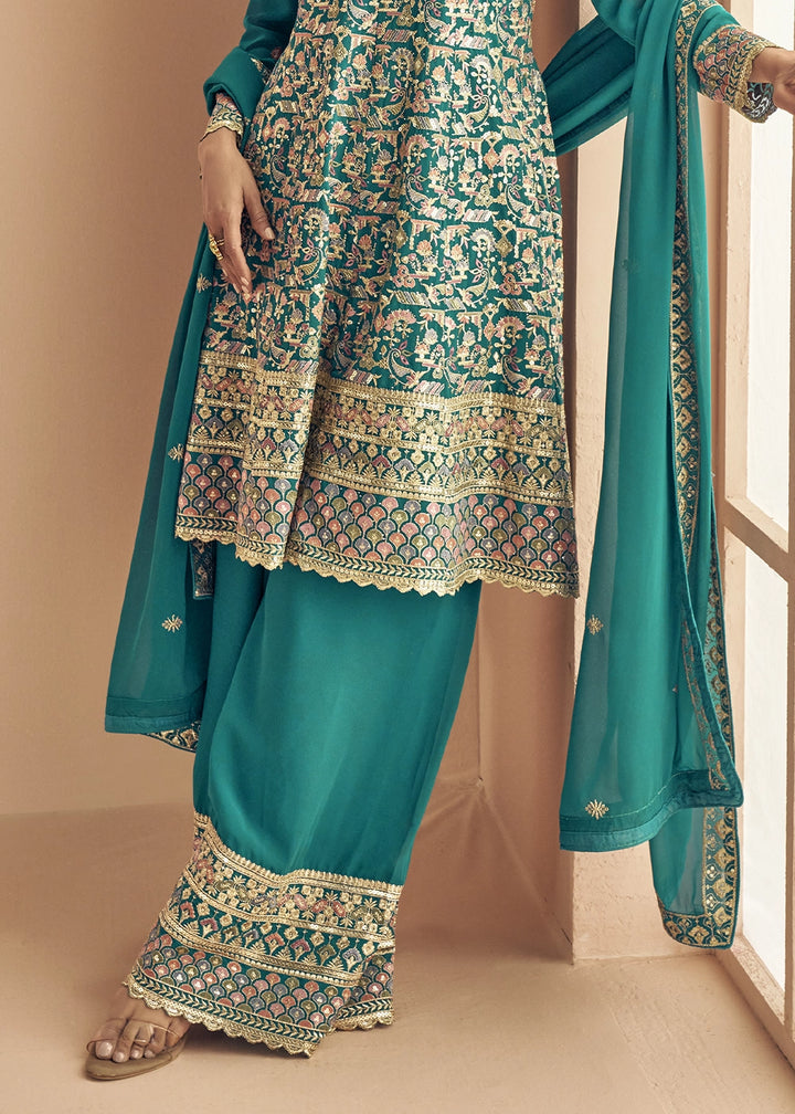 Iris Blue Georgette Palazzo Suit with Exquisite Embroidery
