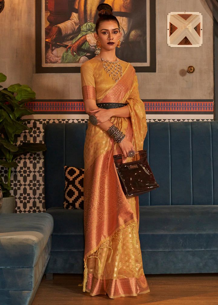 Golden Yellow Handloom Woven Tissue Silk Saree with Zari Work