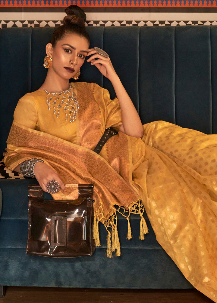 Golden Yellow Handloom Woven Tissue Silk Saree with Zari Work