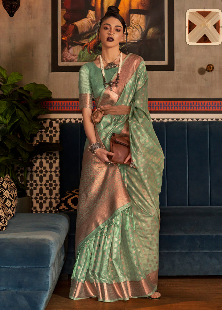 Basil Green Handloom Woven Tissue Silk Saree with Zari Work