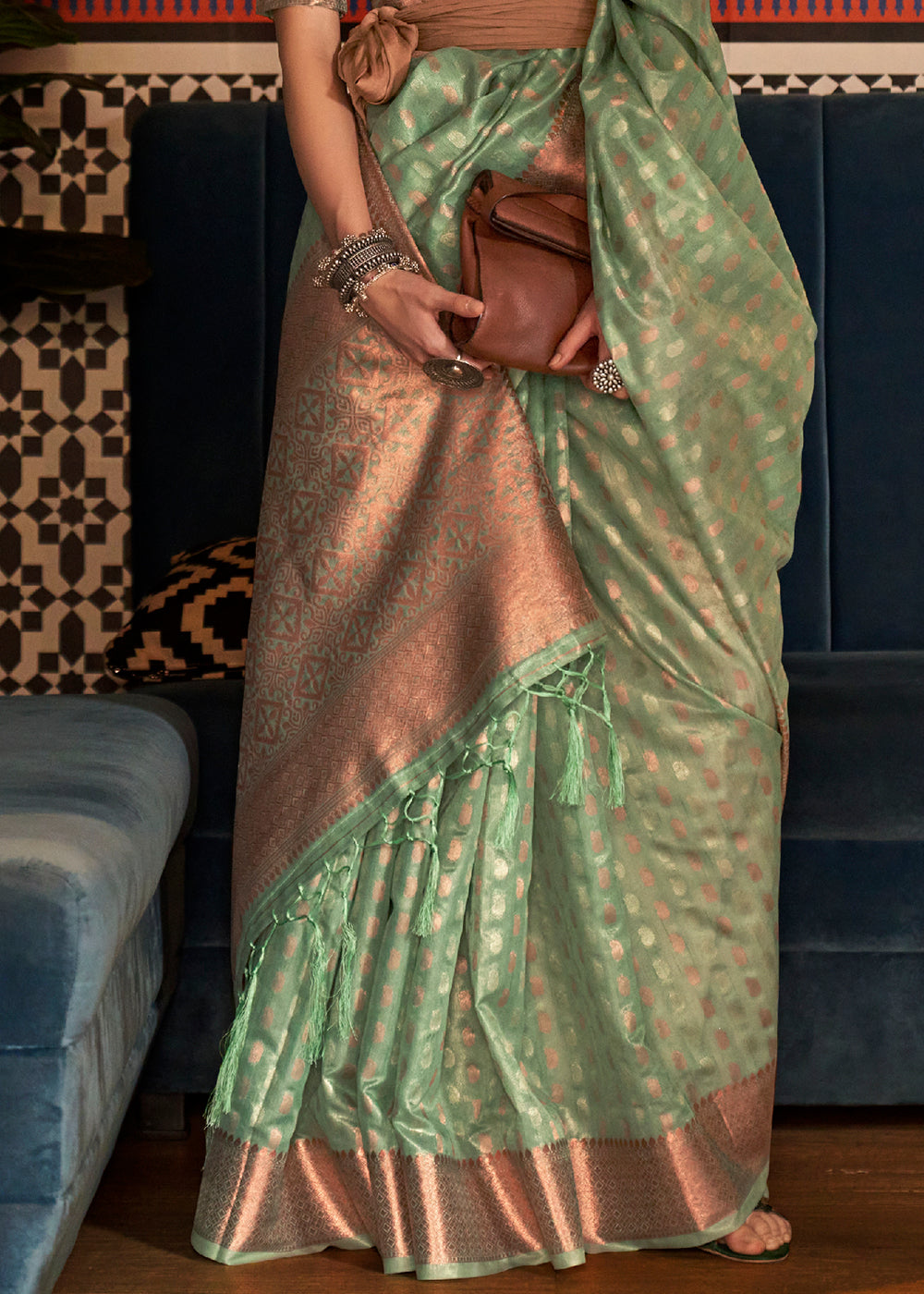 Basil Green Handloom Woven Tissue Silk Saree with Zari Work