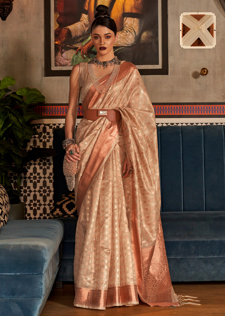 Beige Brown Handloom Woven Tissue Silk Saree with Zari Work