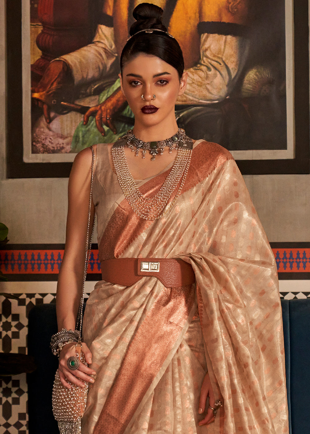 Beige Brown Handloom Woven Tissue Silk Saree with Zari Work