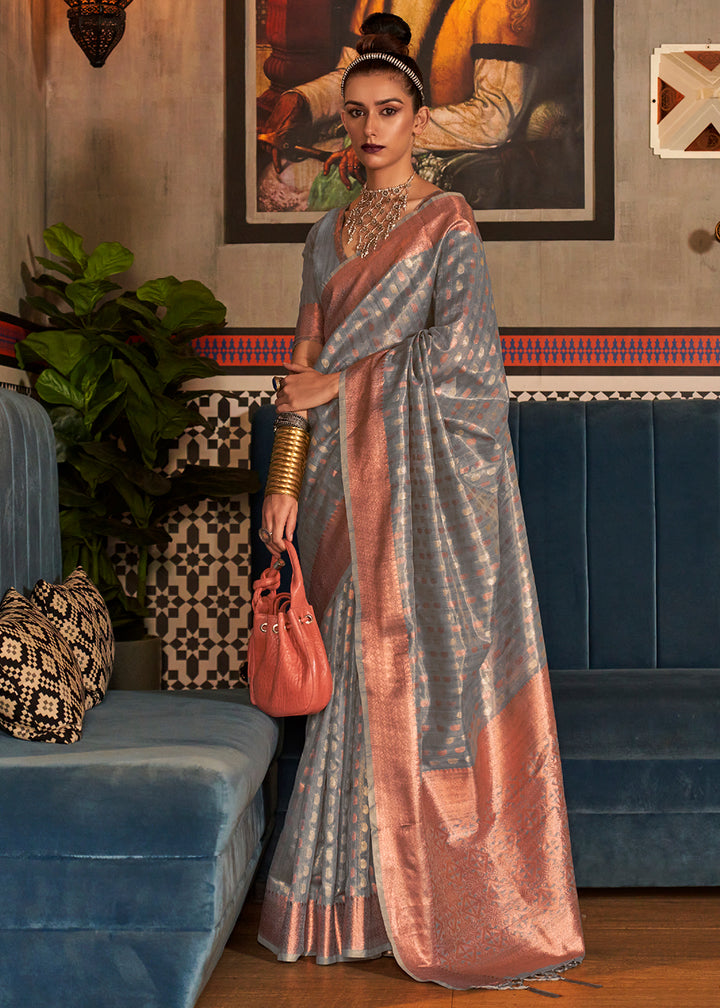 Seal Grey Handloom Woven Tissue Silk Saree with Zari Work