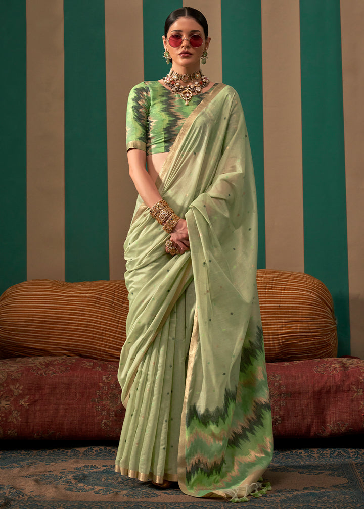 Pastel Green Linen Silk Saree with Intricate Handloom Craftsmanship