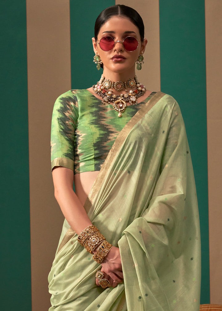 Pastel Green Linen Silk Saree with Intricate Handloom Craftsmanship