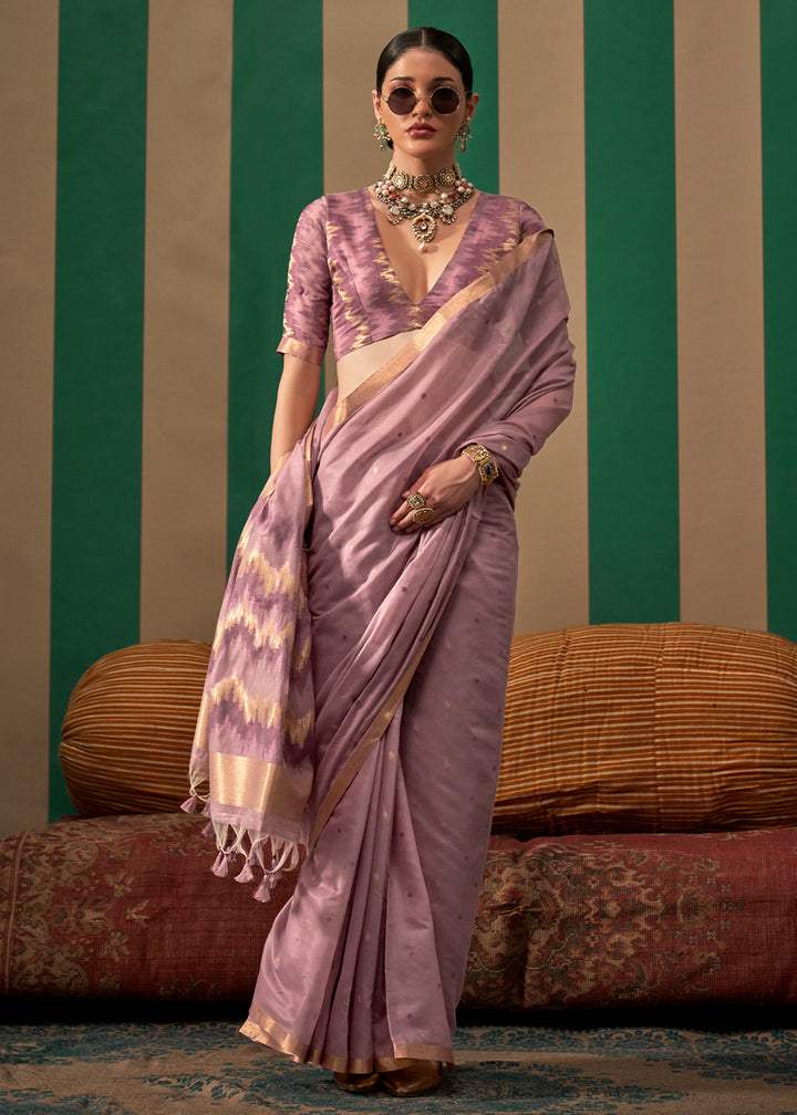 Lavender Purple Linen Silk Saree with Intricate Handloom Craftsmanship