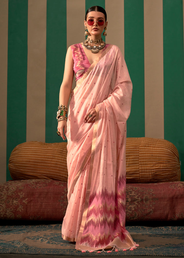 Light Peach Pink Linen Silk Saree with Intricate Handloom Craftsmanship