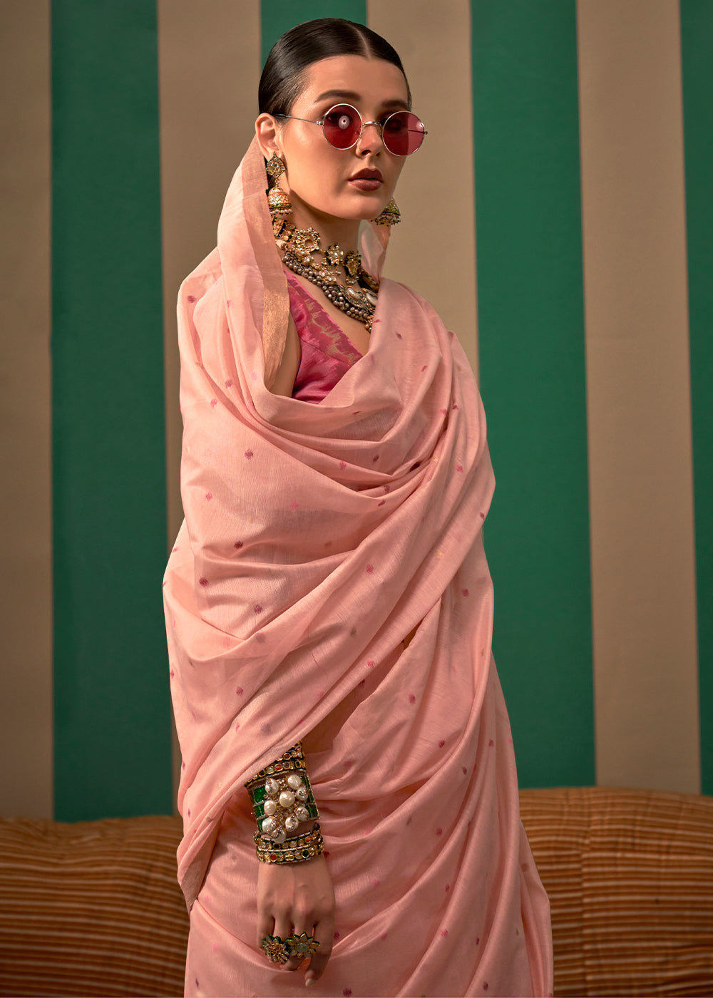 Light Peach Pink Linen Silk Saree with Intricate Handloom Craftsmanship