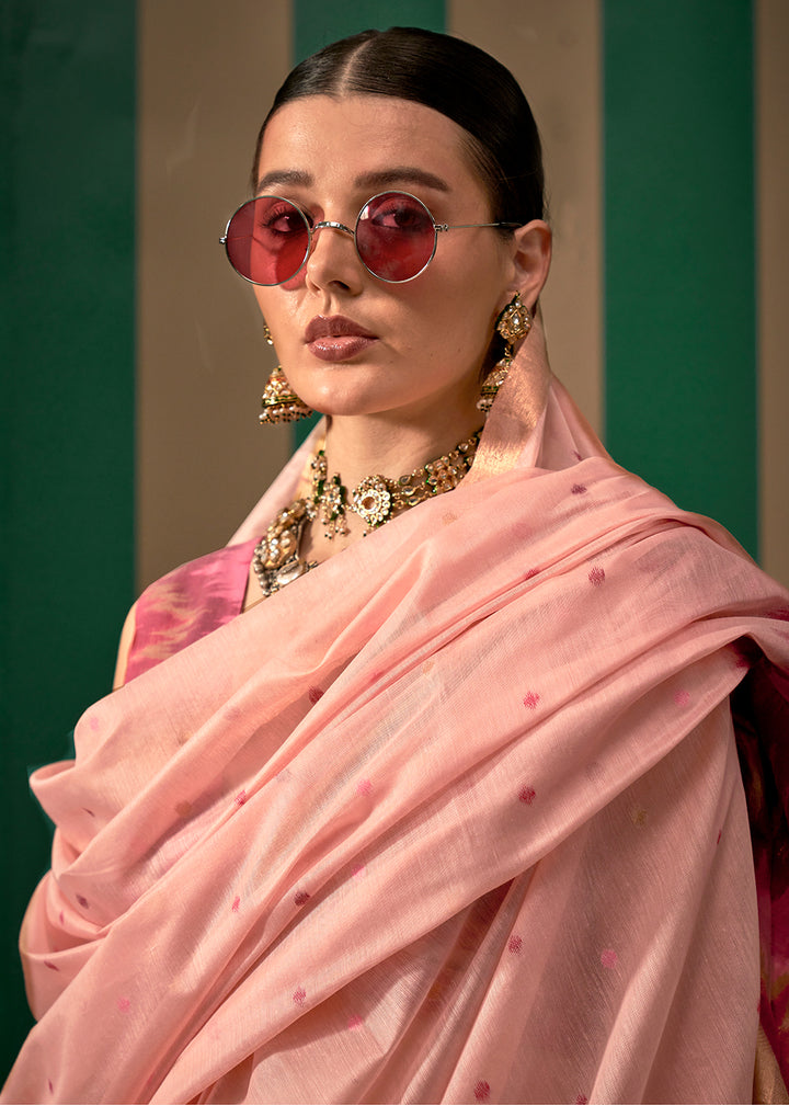 Light Peach Pink Linen Silk Saree with Intricate Handloom Craftsmanship