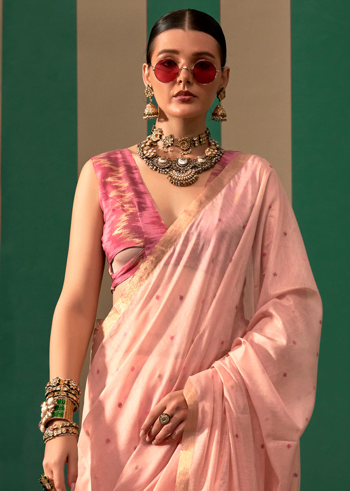 Light Peach Pink Linen Silk Saree with Intricate Handloom Craftsmanship