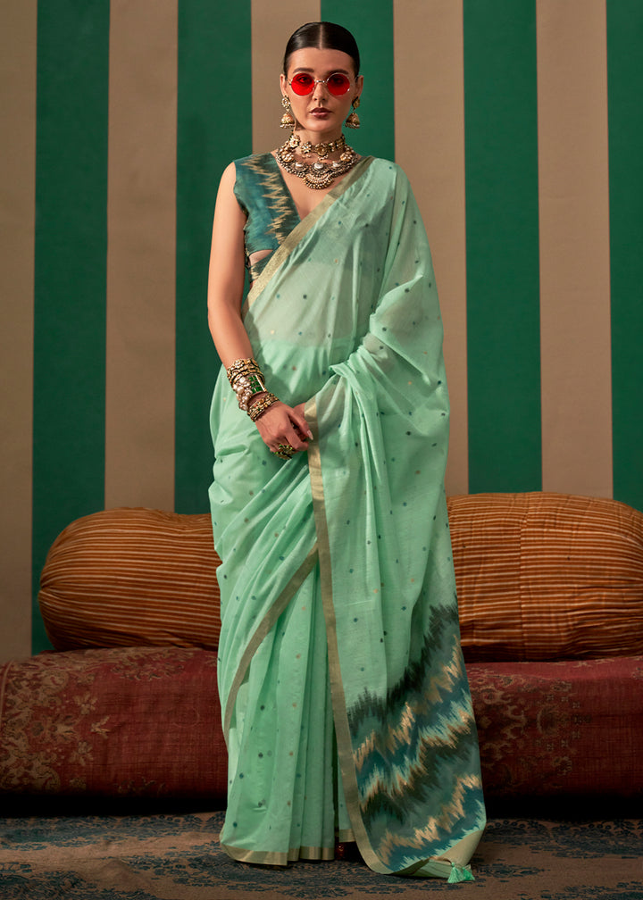 Mint Green Linen Silk Saree with Intricate Handloom Craftsmanship