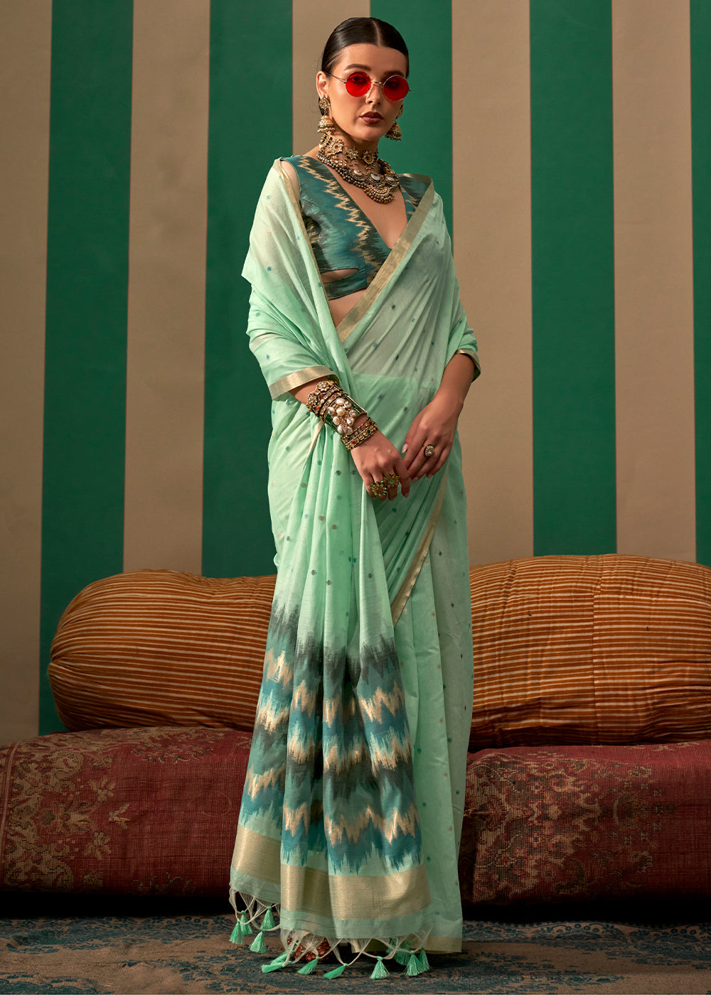 Mint Green Linen Silk Saree with Intricate Handloom Craftsmanship