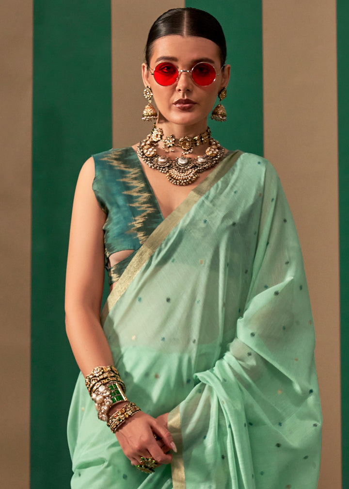 Mint Green Linen Silk Saree with Intricate Handloom Craftsmanship