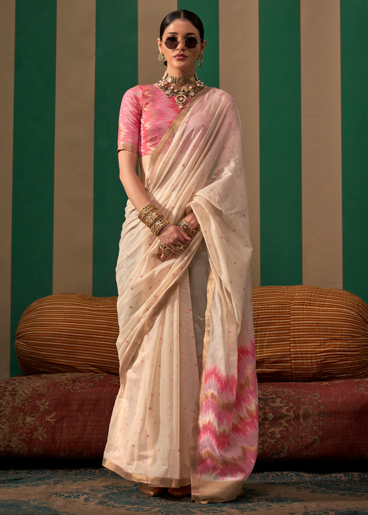 Cream White Linen Silk Saree with Intricate Handloom Craftsmanship